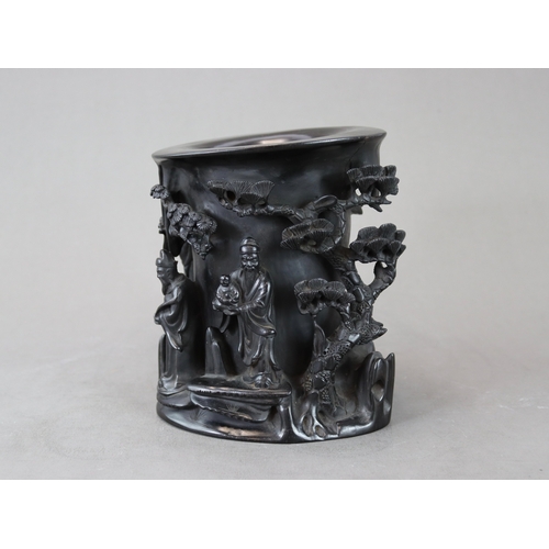 174 - A Wood Brushpot with the Three Star Gods, 19th century, well carved from a heavy dark wood that is p... 