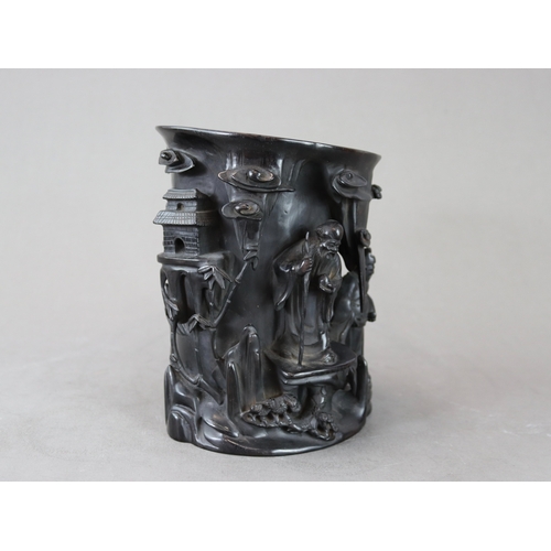 174 - A Wood Brushpot with the Three Star Gods, 19th century, well carved from a heavy dark wood that is p... 