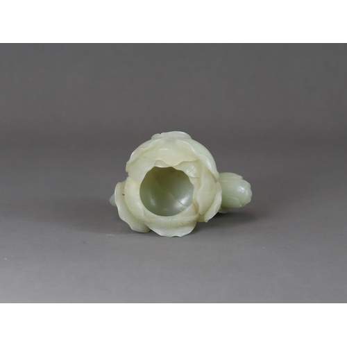 183 - A Pale Celadon Jade Peony Waterpot, 18/19th century,  well carved with the the main bloom opening to... 