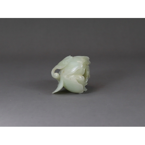 183 - A Pale Celadon Jade Peony Waterpot, 18/19th century,  well carved with the the main bloom opening to... 