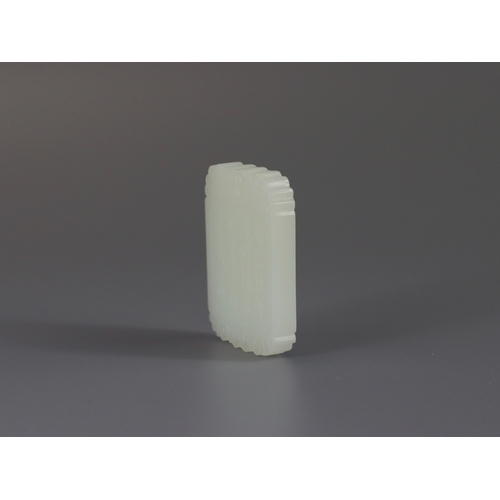 188 - A Fine White Jade Pendant, 19/20th century   the rectangular plaque well carved in low relief on one... 