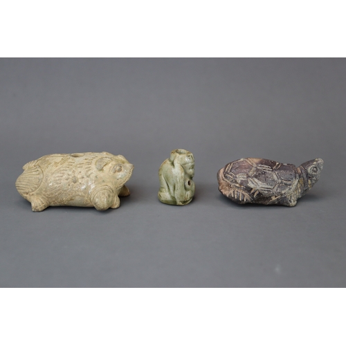 19 - A Group of Three Yue and Yaozhou Celadon Animals, Southern Dynasties and later modelled in frog figu... 