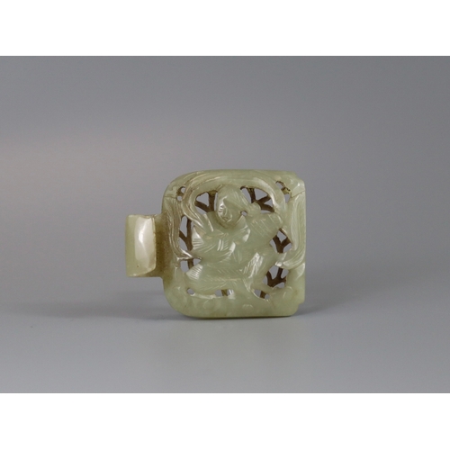 199 - A Jade 'Musician' Belt Buckle, Yuan dynasty or earlier, the celadon stone carved in openwork with th... 