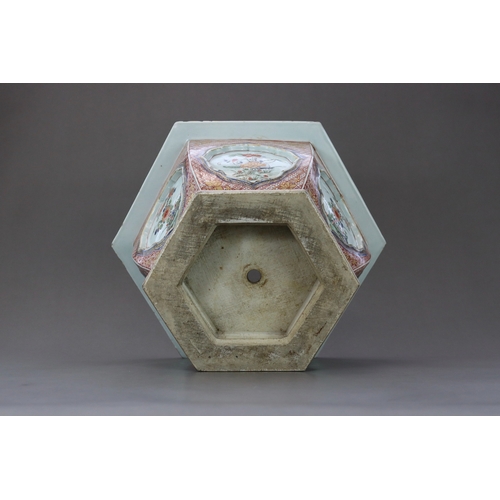 313 - A 'famille verte' Hexagonal Jardiniere, Kangxi, the rounded sides flaring from the waisted pierced f... 