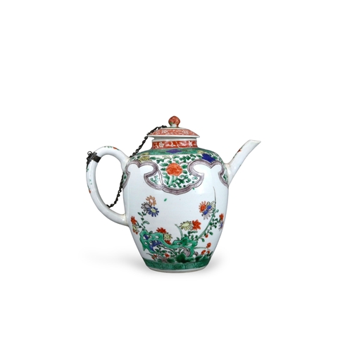 315 - A 'famille verte' Teapot and Cover, Kangxi, the teapot of tall ovoid form, with straight spout, deco... 