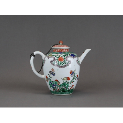 315 - A 'famille verte' Teapot and Cover, Kangxi, the teapot of tall ovoid form, with straight spout, deco... 