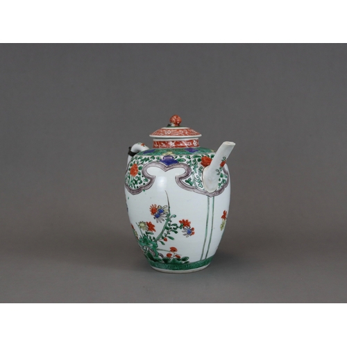 315 - A 'famille verte' Teapot and Cover, Kangxi, the teapot of tall ovoid form, with straight spout, deco... 