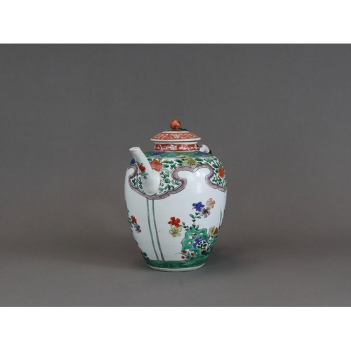 315 - A 'famille verte' Teapot and Cover, Kangxi, the teapot of tall ovoid form, with straight spout, deco... 