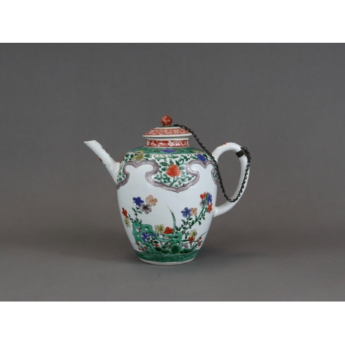 315 - A 'famille verte' Teapot and Cover, Kangxi, the teapot of tall ovoid form, with straight spout, deco... 