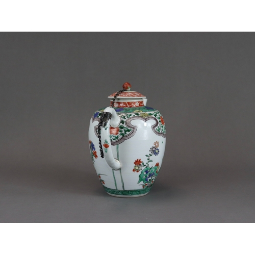 315 - A 'famille verte' Teapot and Cover, Kangxi, the teapot of tall ovoid form, with straight spout, deco... 