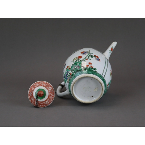 315 - A 'famille verte' Teapot and Cover, Kangxi, the teapot of tall ovoid form, with straight spout, deco... 