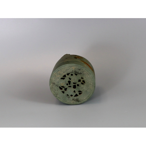 32 - A Rare Stone Cylindrical Tripod Incense Burner and Cover, Song dynasty the cover pierced with a scro... 