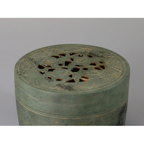 32 - A Rare Stone Cylindrical Tripod Incense Burner and Cover, Song dynasty the cover pierced with a scro... 