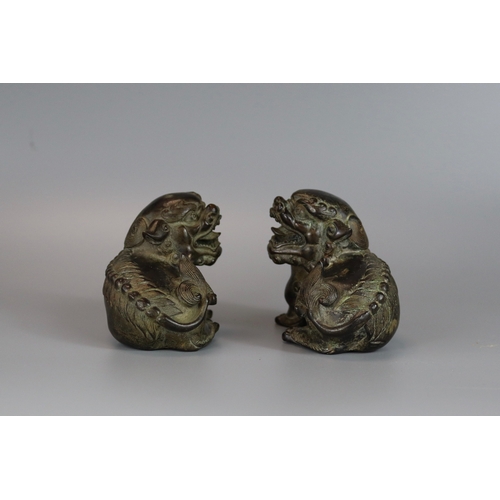 461 - A Pair of Bronze Buddhist Lions, Qing dynasty, the seated beasts with heads turned in ferocious snar... 