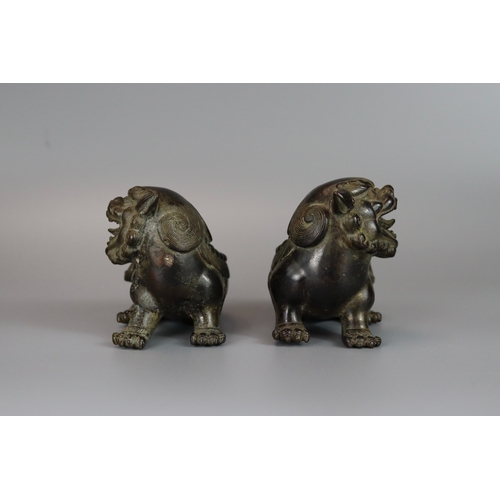 461 - A Pair of Bronze Buddhist Lions, Qing dynasty, the seated beasts with heads turned in ferocious snar... 