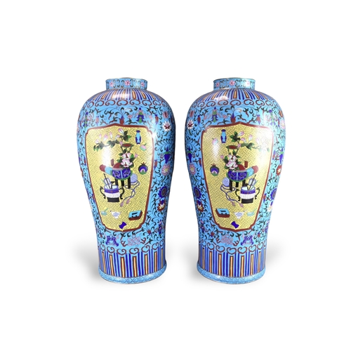 463 - A Large Pair of Cloisonne Vases, 19/20th century,  of tall baluster form, decorated on an overall tu... 