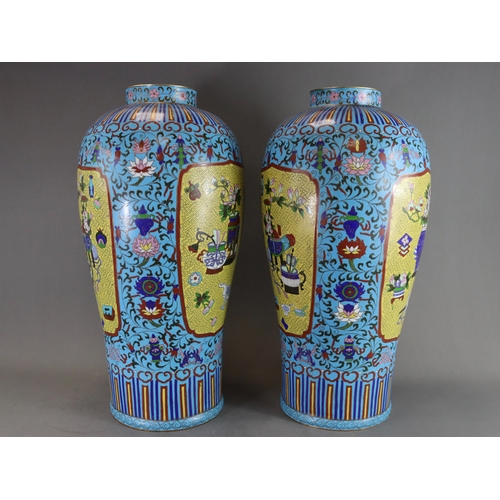 463 - A Large Pair of Cloisonne Vases, 19/20th century,  of tall baluster form, decorated on an overall tu... 