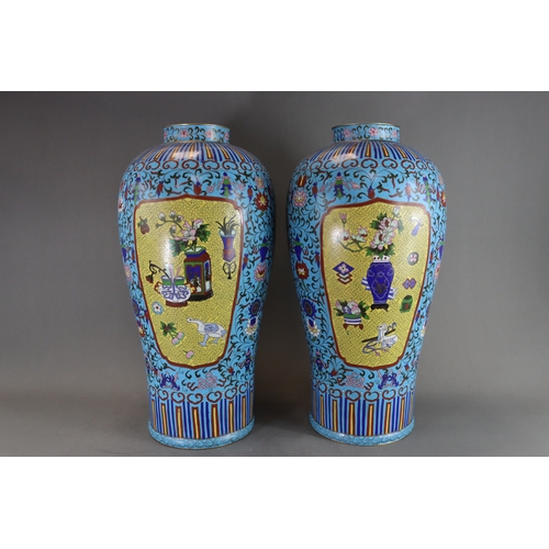 463 - A Large Pair of Cloisonne Vases, 19/20th century,  of tall baluster form, decorated on an overall tu... 