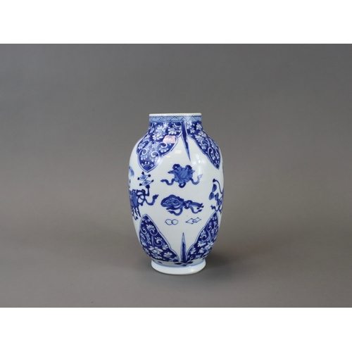 134 - A Blue and White Ovoid Jar, Kangxi,	painted around the centre in good blue with antiques and emblems... 