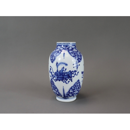 134 - A Blue and White Ovoid Jar, Kangxi,	painted around the centre in good blue with antiques and emblems... 