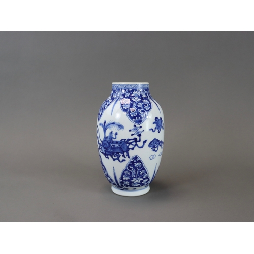 134 - A Blue and White Ovoid Jar, Kangxi,	painted around the centre in good blue with antiques and emblems... 