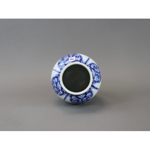 134 - A Blue and White Ovoid Jar, Kangxi,	painted around the centre in good blue with antiques and emblems... 