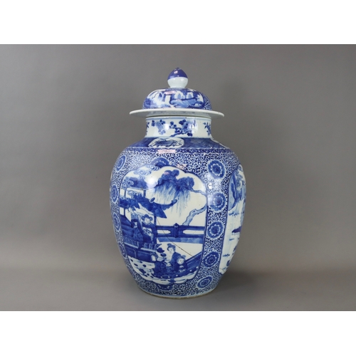 157 - An Attractive Pair of Blue and White Jars and Covers with Figures, 19th century, of ovoid form, deco... 