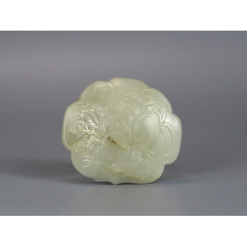 190 - A Lobed Celadon Jade Plaque with Peaches, 19th century, W:7.3cm.