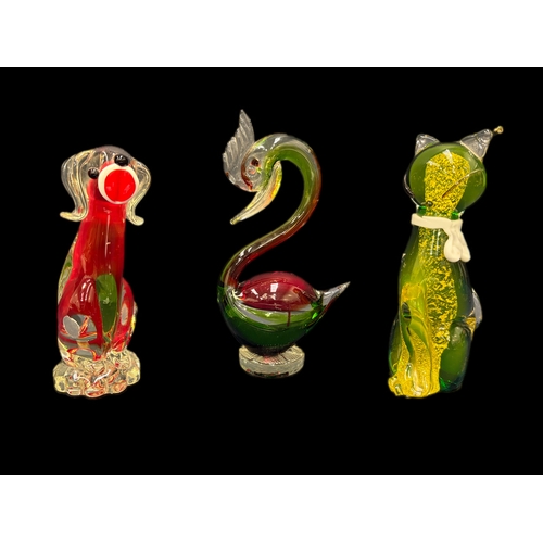 135 - 3 pieces of Murano glass, Great crested grebe, cat and dog