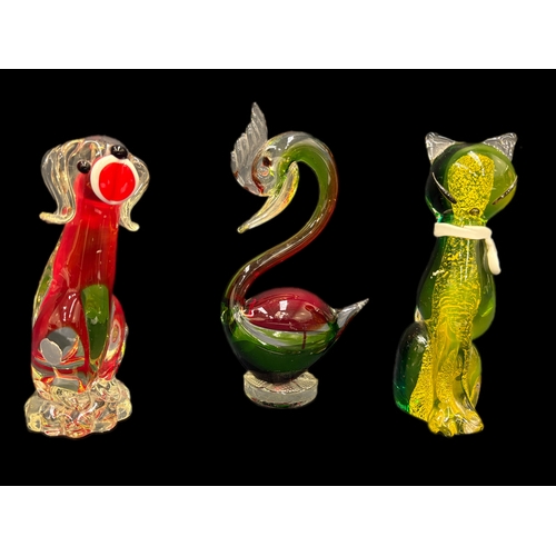 135 - 3 pieces of Murano glass, Great crested grebe, cat and dog