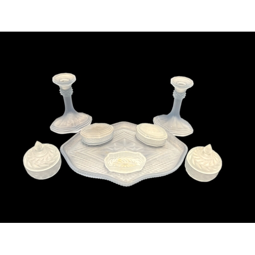 138 - Blue frosted Art Deco glass dressing table set