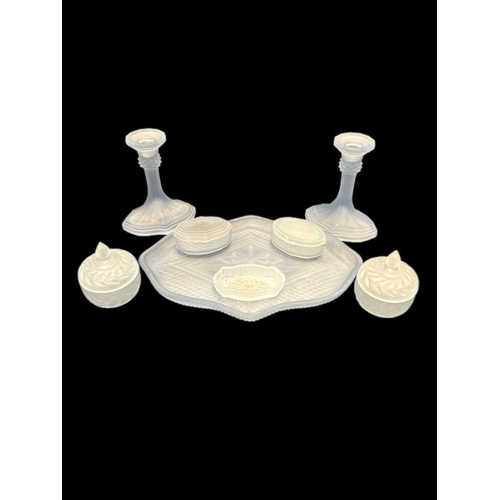 138 - Blue frosted Art Deco glass dressing table set