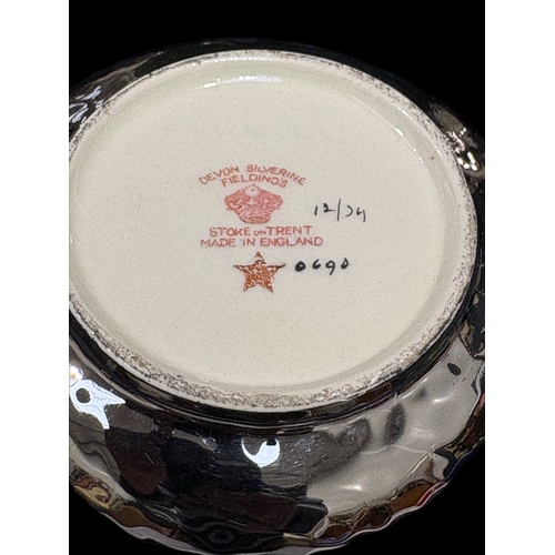 49 - Devon Silverine Fieldings lustre teapot, sugar bowl and hot water jug