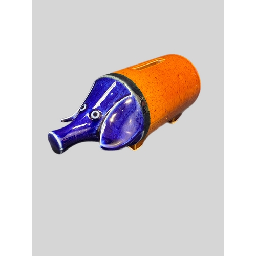 77 - Vintage blue brown glazed pig shaped money box L18cm