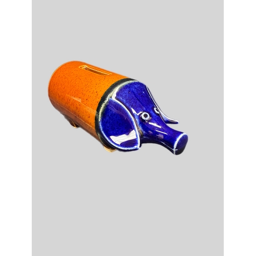 77 - Vintage blue brown glazed pig shaped money box L18cm