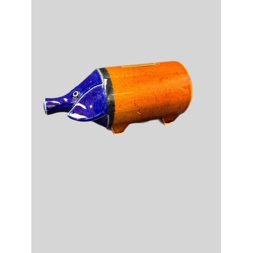 77 - Vintage blue brown glazed pig shaped money box L18cm