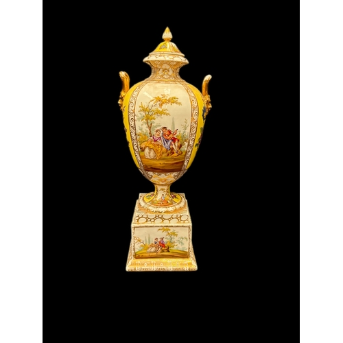 133 - Large Handpainted Dresden lidded urn on plinth