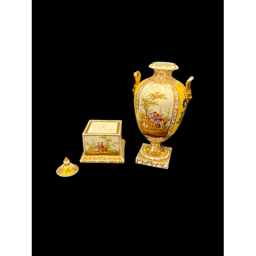 133 - Large Handpainted Dresden lidded urn on plinth