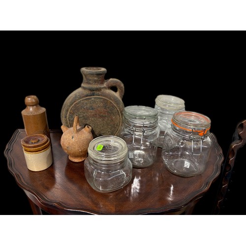 141 - Mixed group of stoneware items together with 4 Kilner storage jars