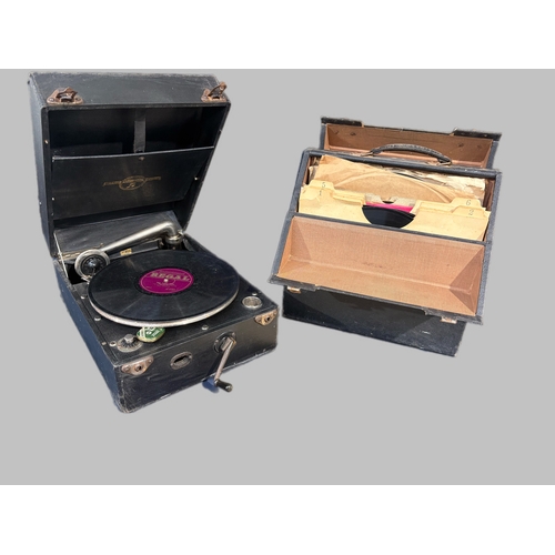 179 - Old record player and case of records