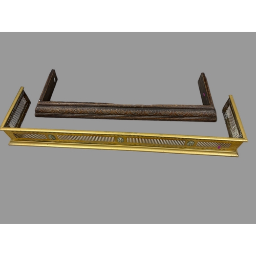 499 - Antique brass fire fender 118cm W x 30cm D x 13cm H Carved wooden fender 103cm x 33cm x 8.5cm... 