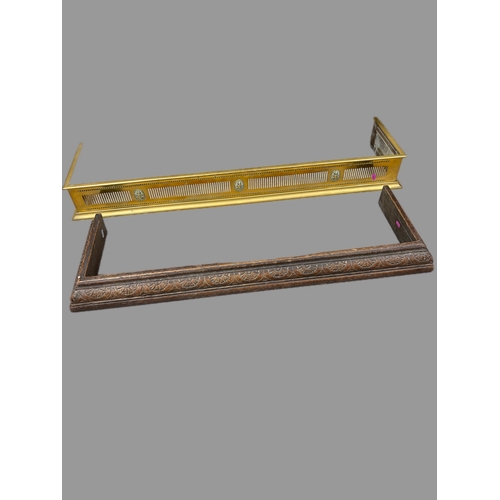 499 - Antique brass fire fender 118cm W x 30cm D x 13cm H Carved wooden fender 103cm x 33cm x 8.5cm... 