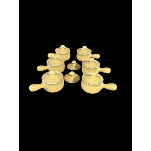 123 - 6 pottery soup bowls and 2 spare lids