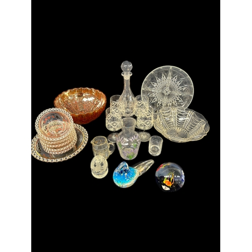 167 - Mixed group of glassware, paperweights, decanter and bowls