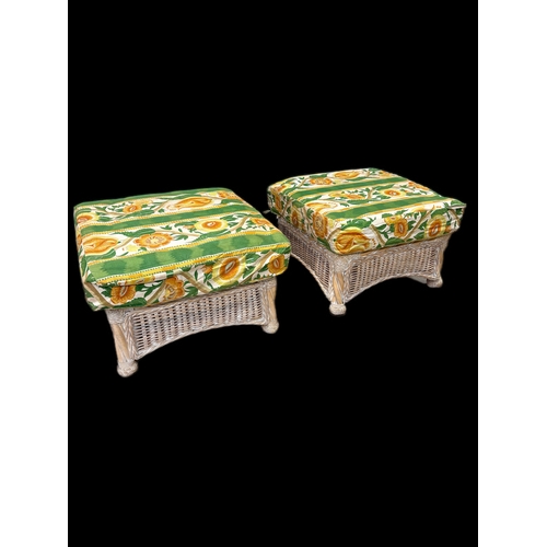535 - 2 wicker stools with upholstered cushions62cm sq x 30cm H (wicker base)