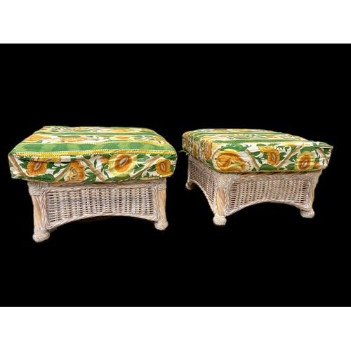 535 - 2 wicker stools with upholstered cushions62cm sq x 30cm H (wicker base)