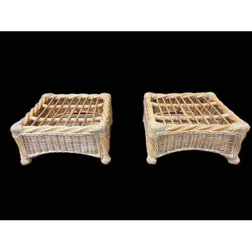 535 - 2 wicker stools with upholstered cushions62cm sq x 30cm H (wicker base)