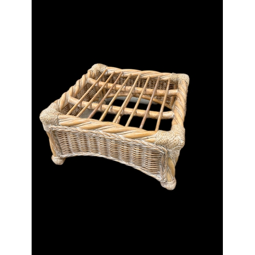 535 - 2 wicker stools with upholstered cushions62cm sq x 30cm H (wicker base)