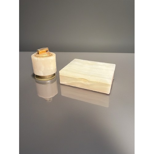 153 - Vintage white onyx box with hinged lid and matching Colibri table lighter