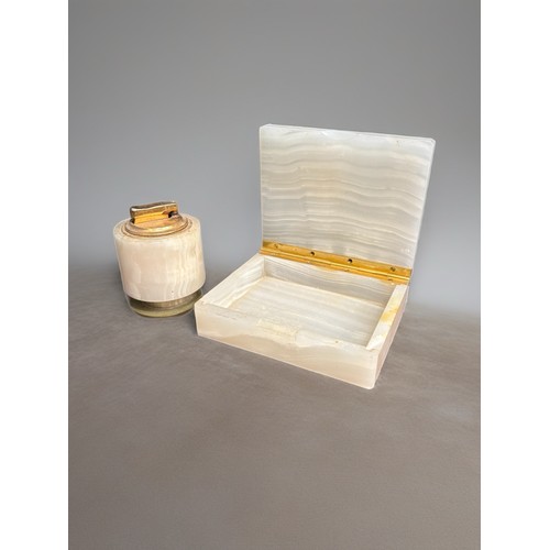 153 - Vintage white onyx box with hinged lid and matching Colibri table lighter